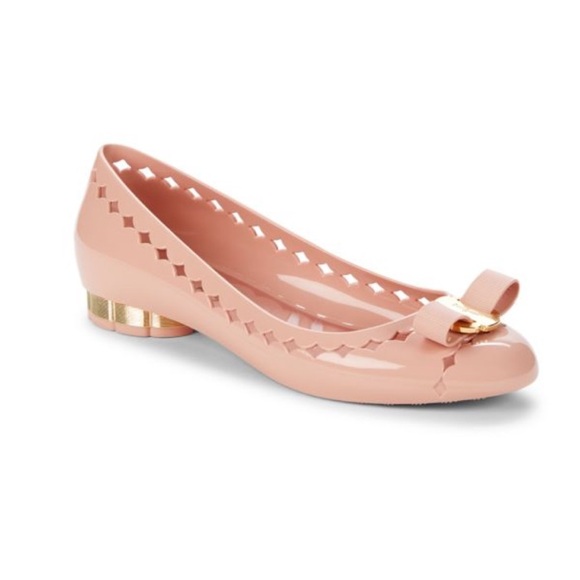 Salvatore Ferragamo Pink Flats with Bow and Studded Edges - Picture 1 of 11